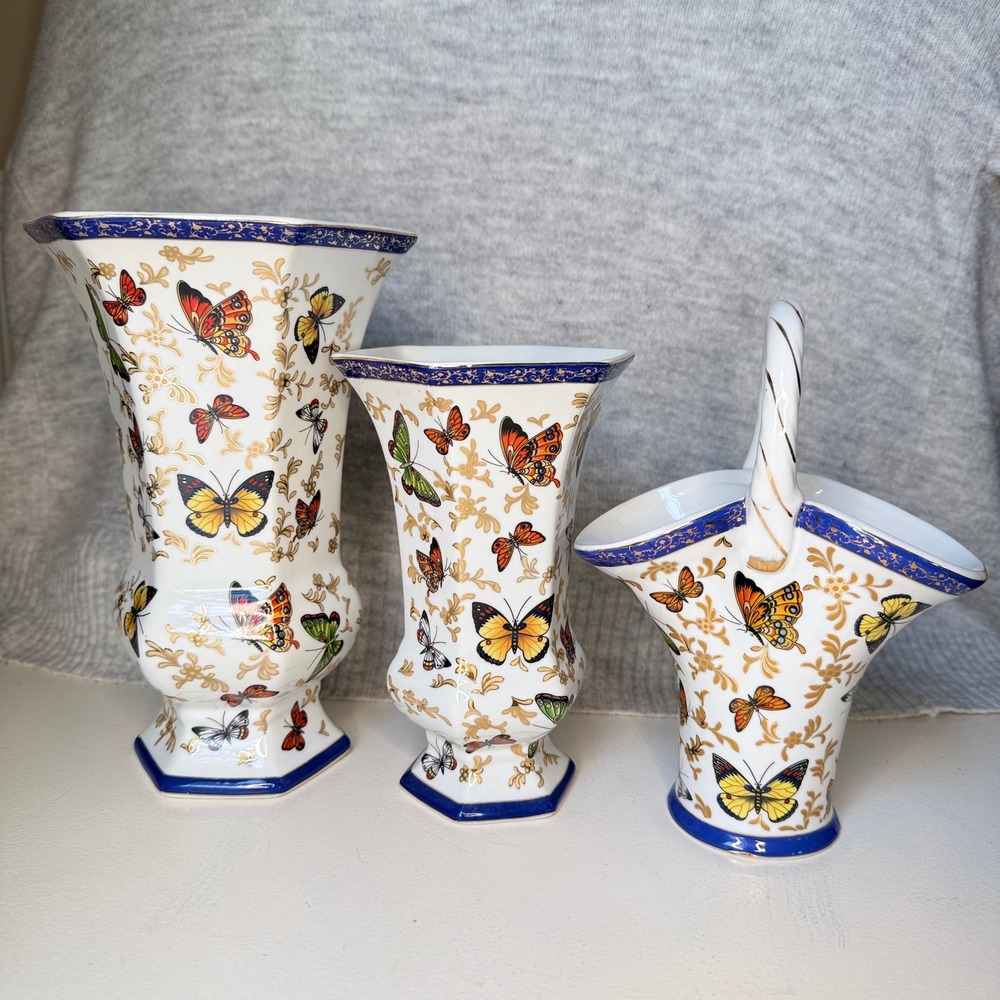 VTG formalities Butterfly 3pc Porcelain Vase Basket Set White Gold Baum Bros